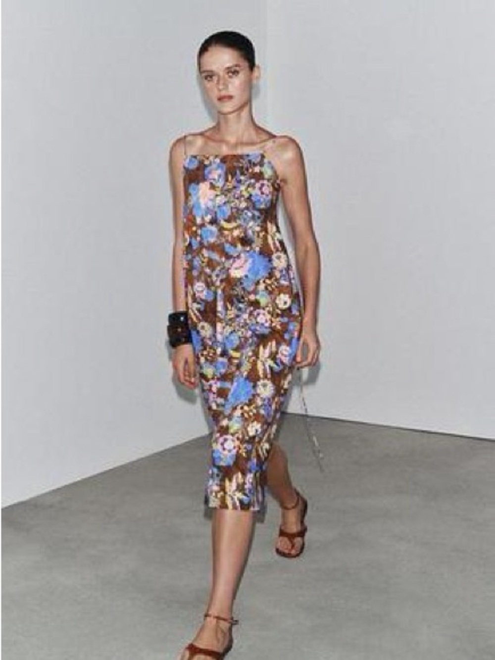 NWT Zara Floral Midi Apron Cotton Brown Dress Sz L